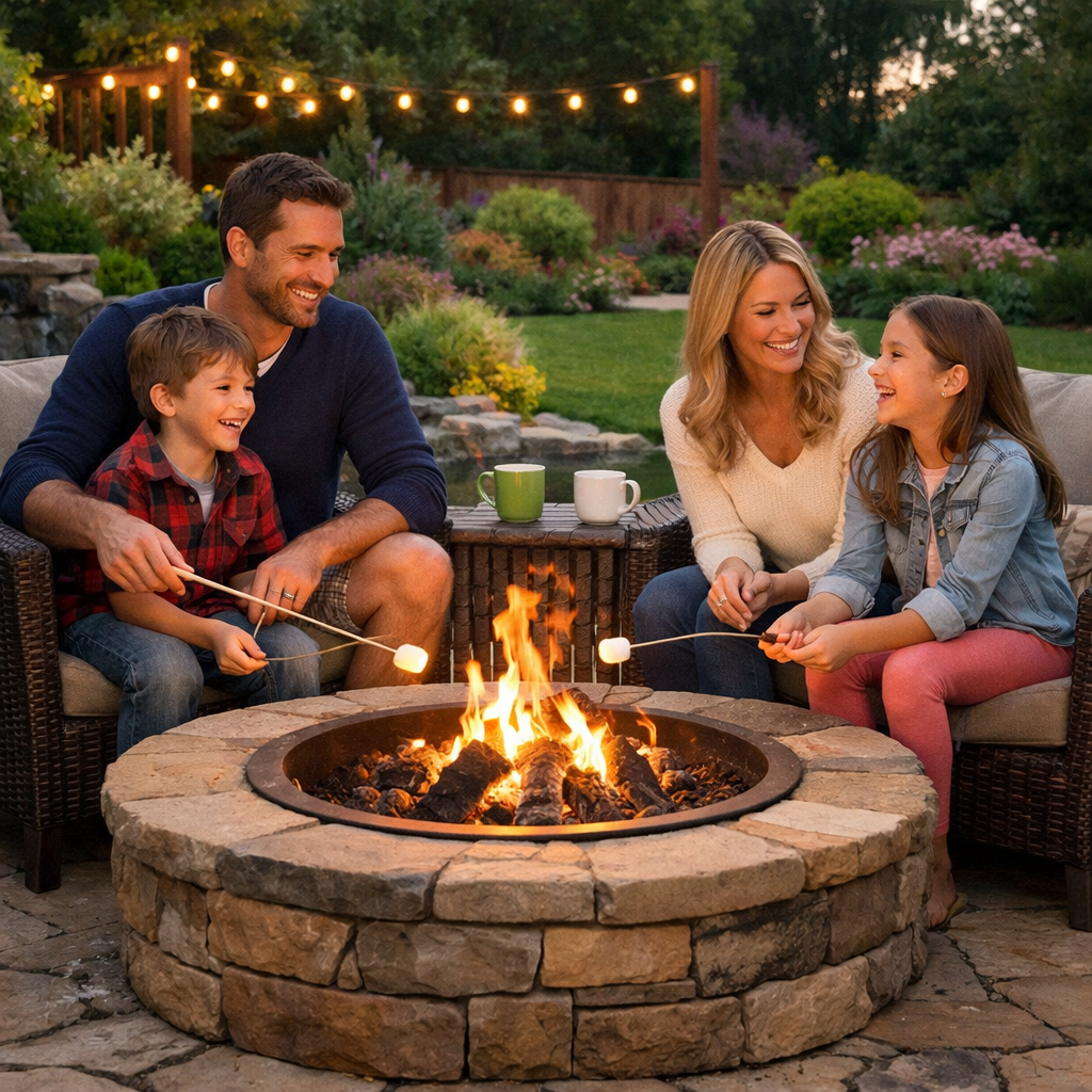 Family enjoying a fire pit in their affordable Winnipeg Landscape Design