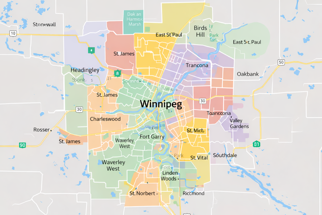 Map of Winnipeg and surrounding areas
