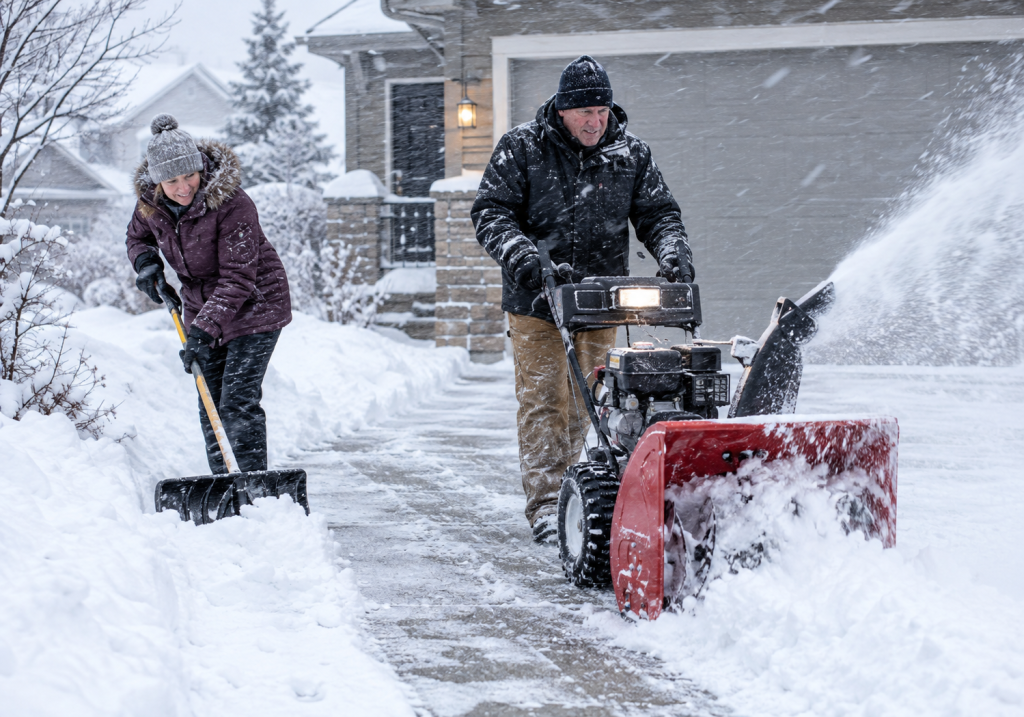 Homeowners shovelling and blowing  snow in Winnipeg 