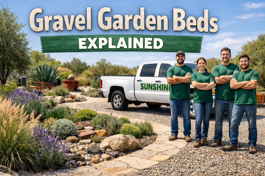 Sunshine anMaintenance & Landscaping crew and gravel garden beds in Winnipeg landscape design
