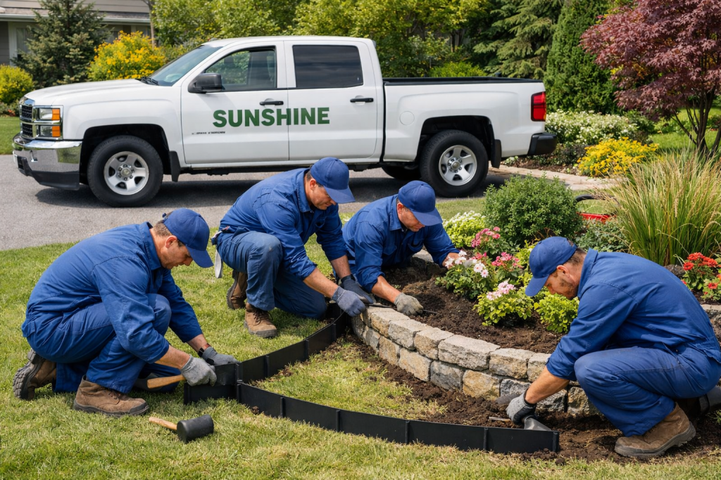 Sunshine Maintenance 7 Landscaping putting border on gravel garden bed in Winnipeg Landscape Design