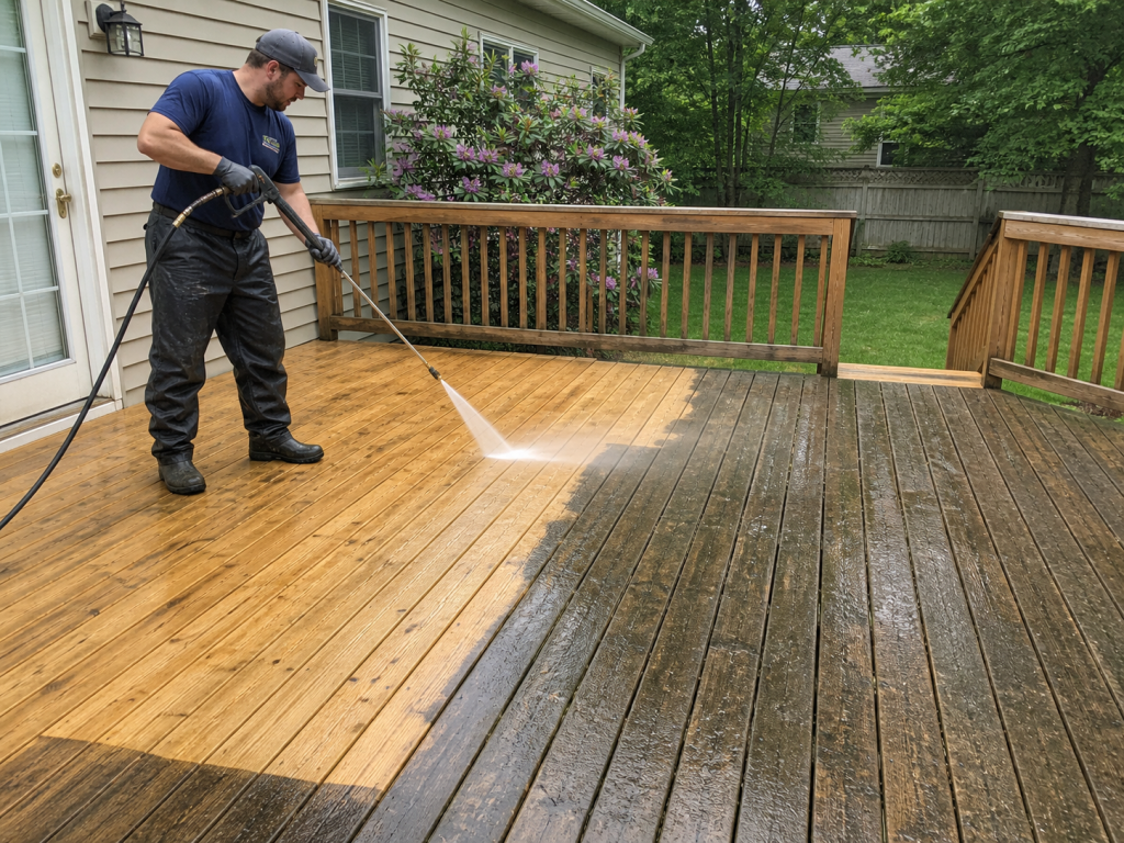 Sunshine maintenance pressure washing a Winnipeg deck
