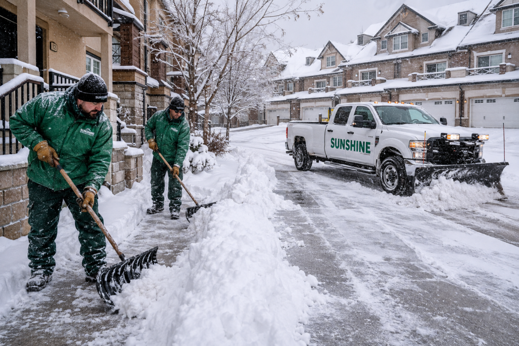 Sunshine Maintenance & Landscaping clearing snow at a Winnipeg Condo property
