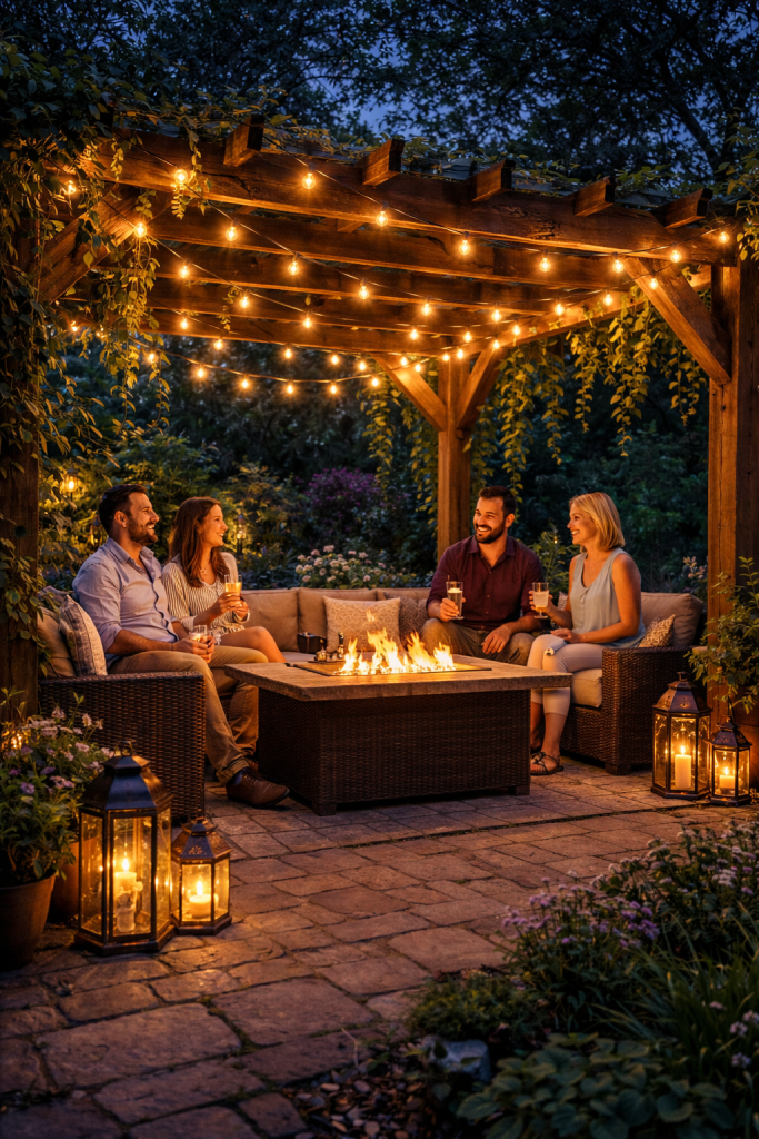 string lights over a pergola