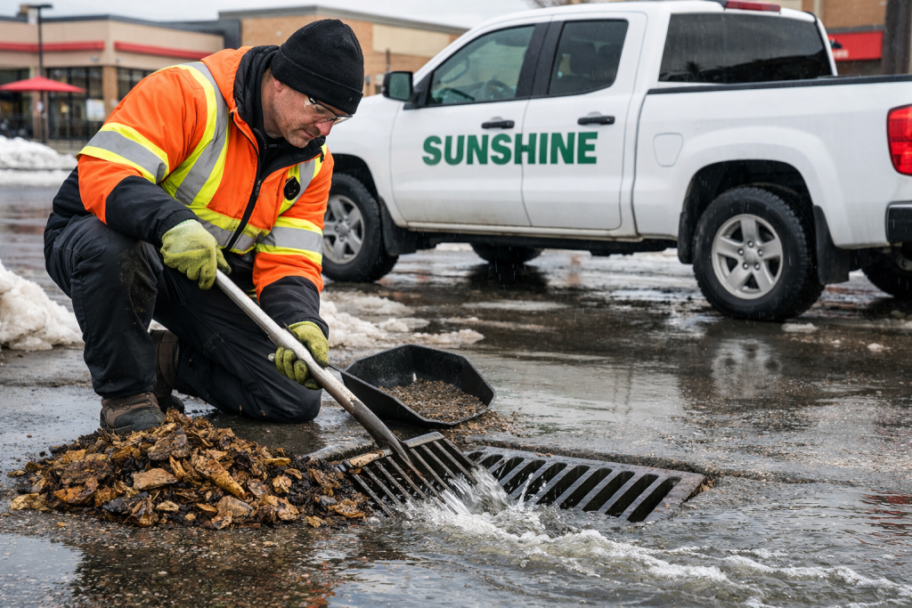 Clearing blocked drainage in Winnipeg parking lot