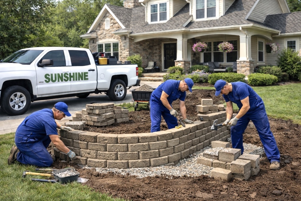 Sunshine Maintem=nance & Landscaping crew constructing retaining walls