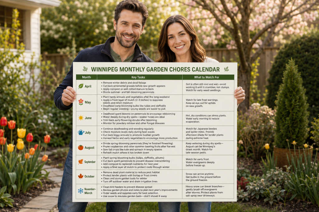 chart showing what garden chores you should do each month to keep your Winnipeg garden healthy
