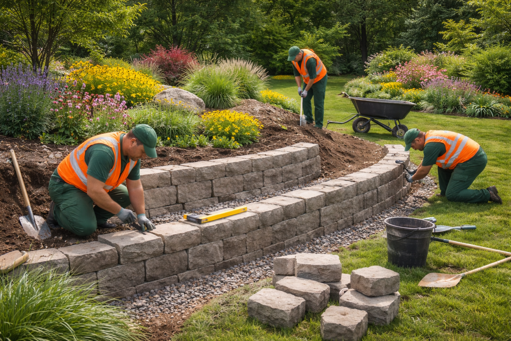 Crew building a reatining wall in a Winnipeg Landscape design
