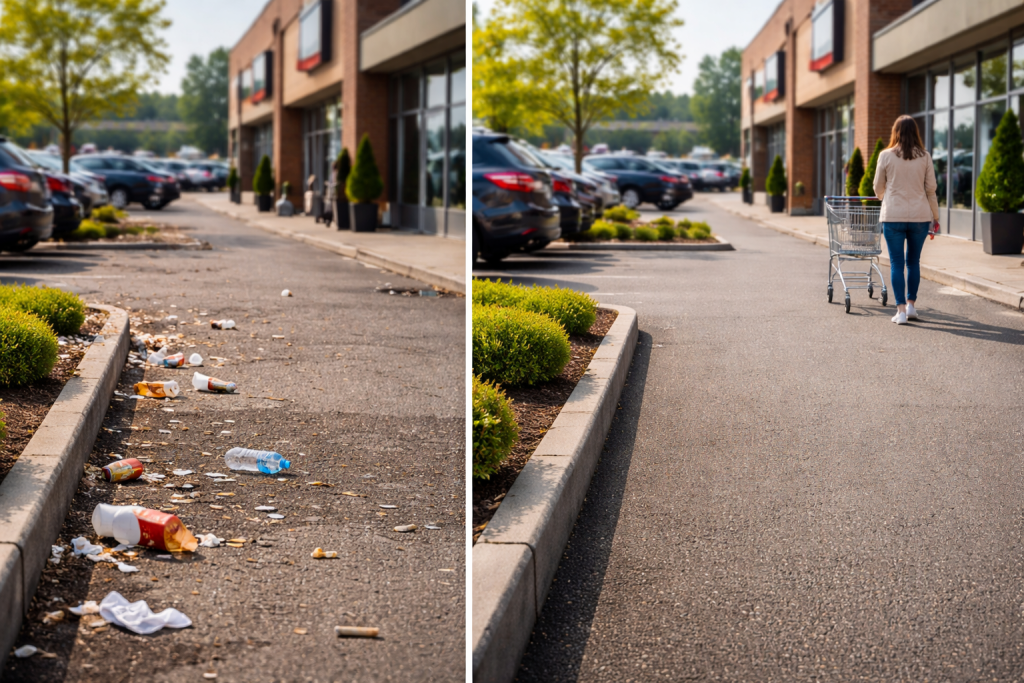 Well-kept commercial parking lot vs neglected property