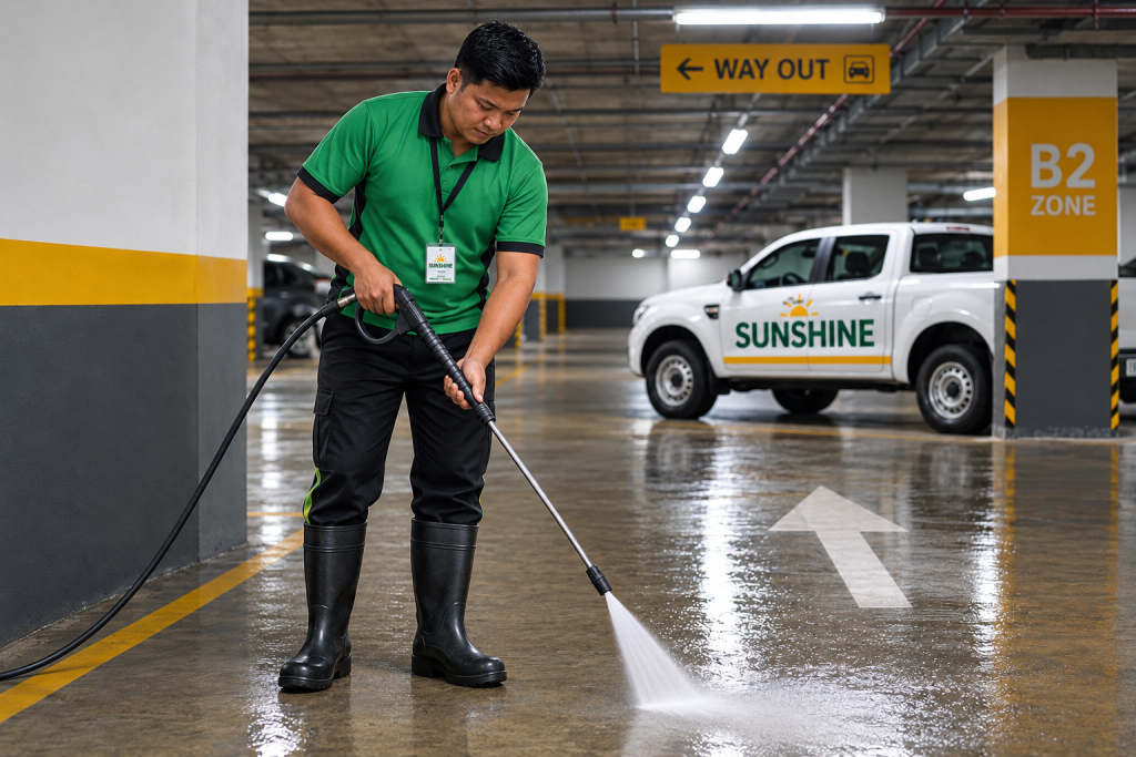Sunshine Maintenance doing Winnipeg underground parking garage cleaning