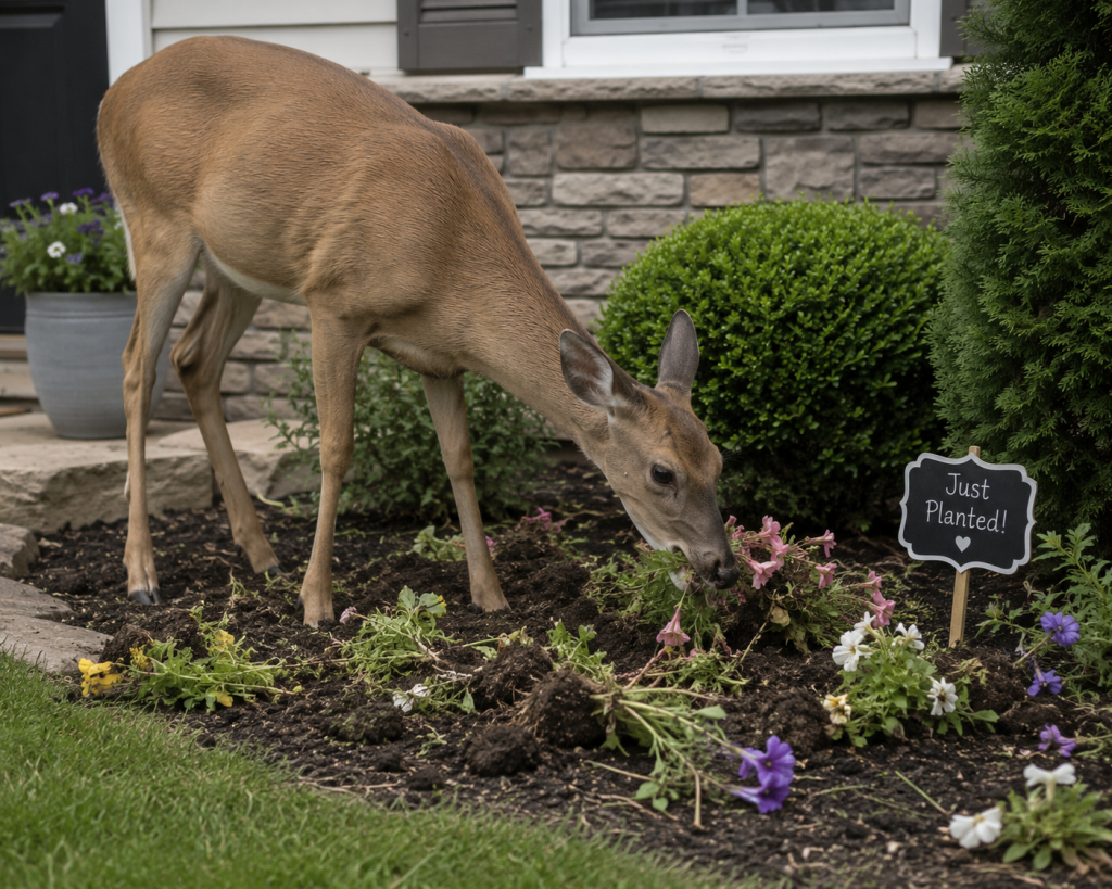 deer eating and ruining newly planted flowers in a Winnipeg garden
