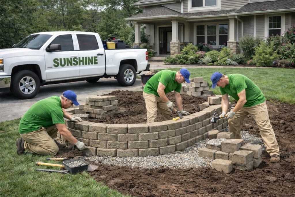 Sunshine crew constructing retaining wall