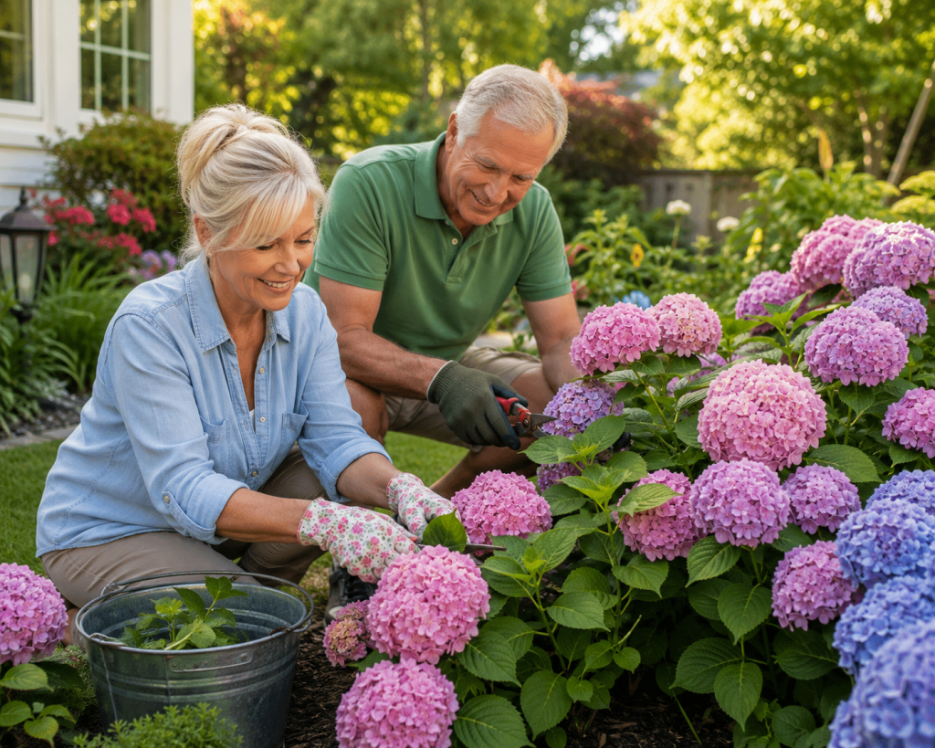 Garden pros tending to hydrangeas in their Winnipeg garden