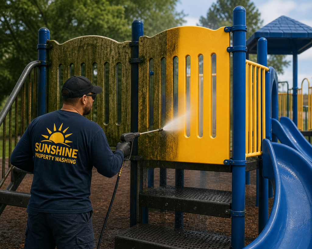 Pressure washing a play structure