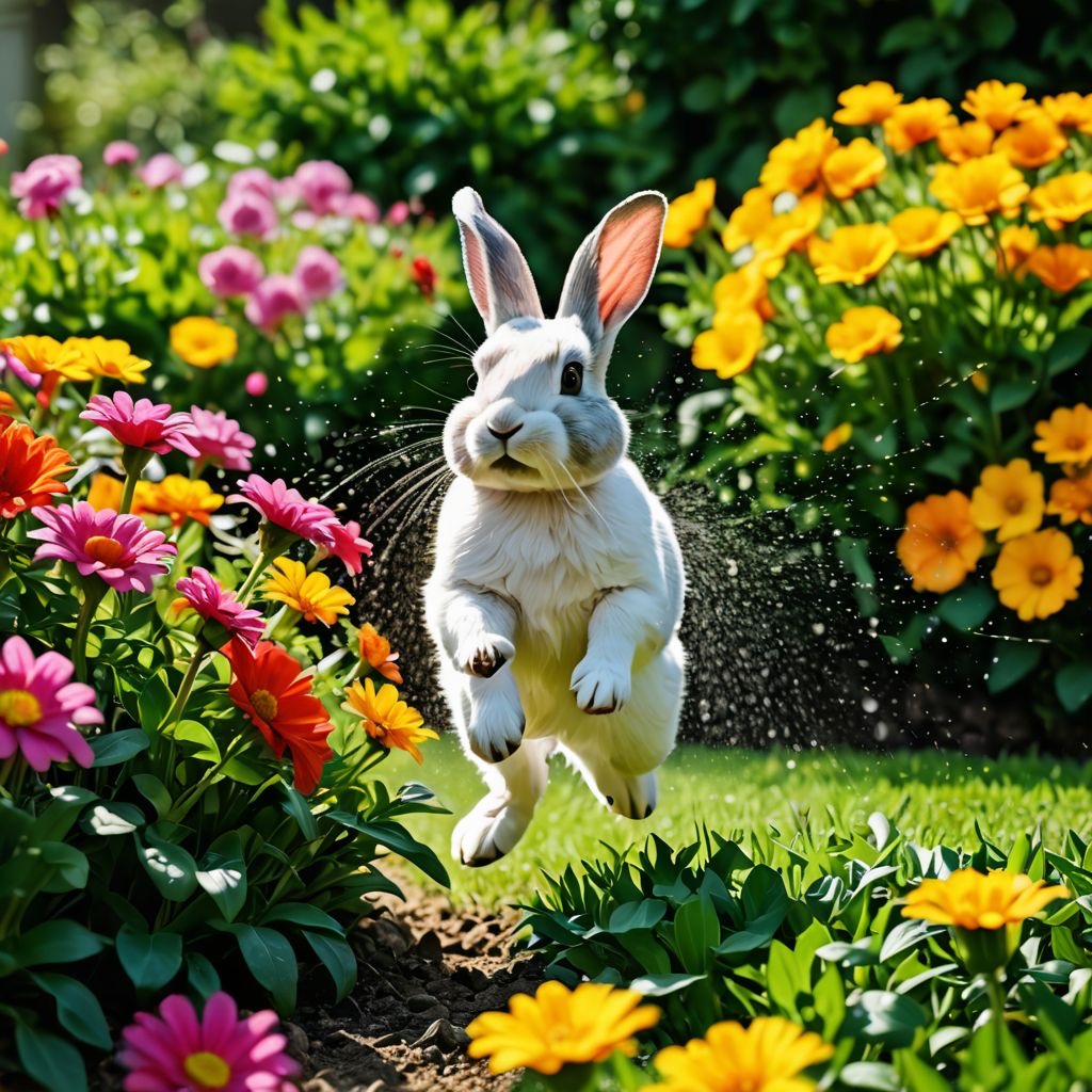Rabbit reacting to motion activated sprinkler in Winnipeg garden landscape
