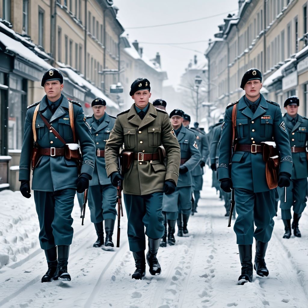 Marching through snowy street