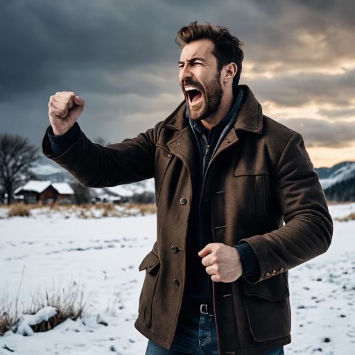 Homeowner shaking fist at sky as Sunshine Maintenance & Landscaping looks after snow removal