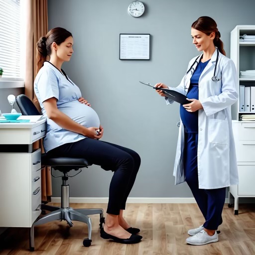 Pregnant woman discussing Winnipeg snow shovelling with doctor