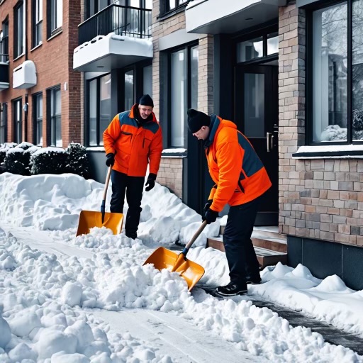 Sunshine Maintenance & Landscaping hand shovelling snow in Winnipeg condo/townhouse complexo