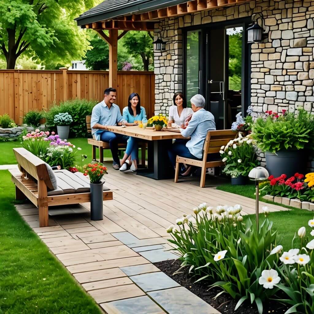 Patio pavers arranged in a decorative landscape design pattern