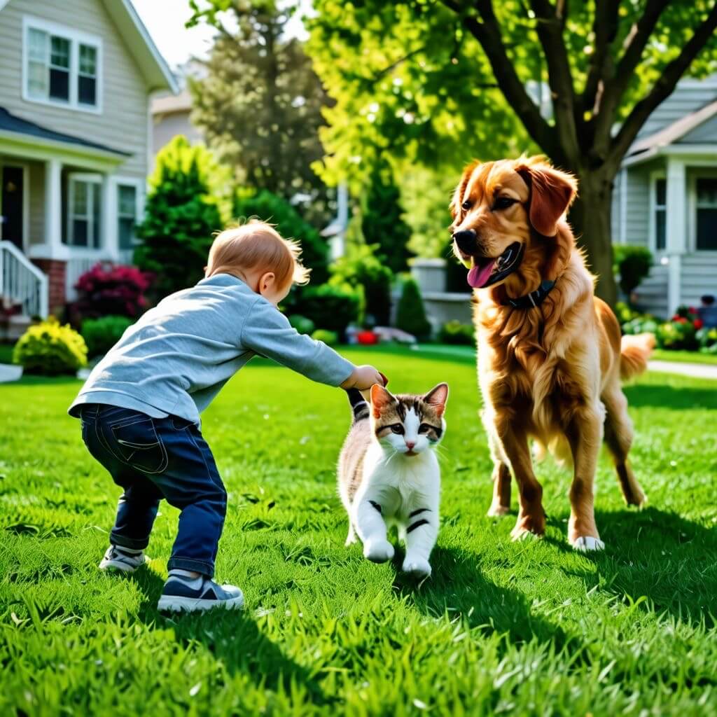 Child and pets playing on a healthy green lawn in Winnipeg
