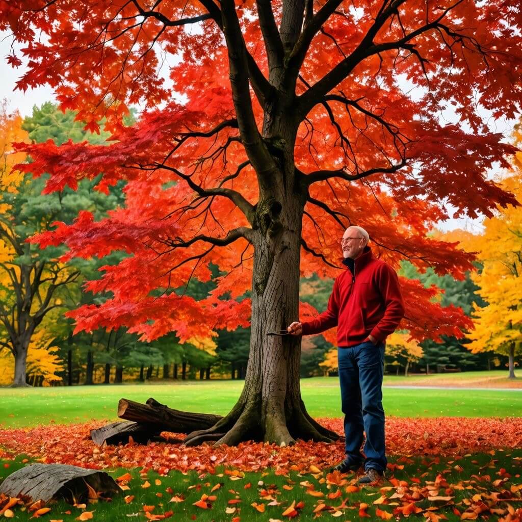 Red maple tree displaying colourful foliage in a Winnipeg yard
