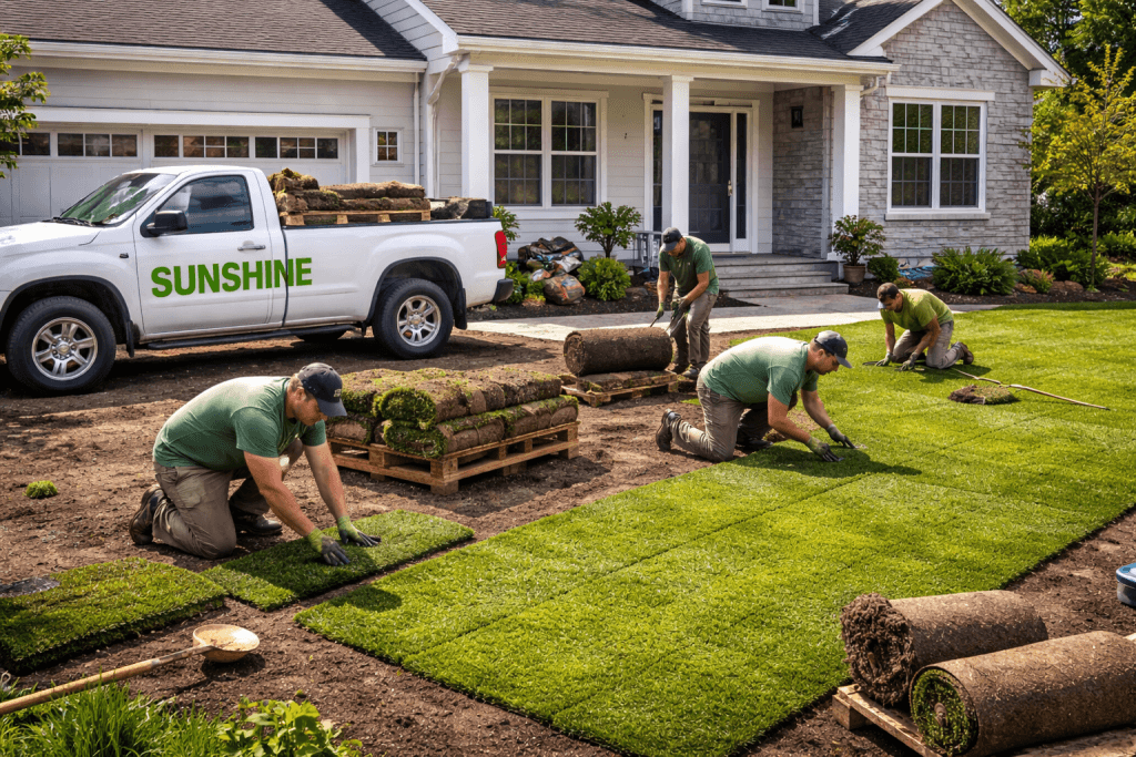 Sunshine Landscaping team installing fresh sod at a Winnipeg residential property