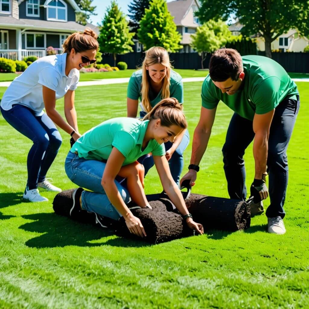Team installing fresh sod on a residential lawn in Winnipeg