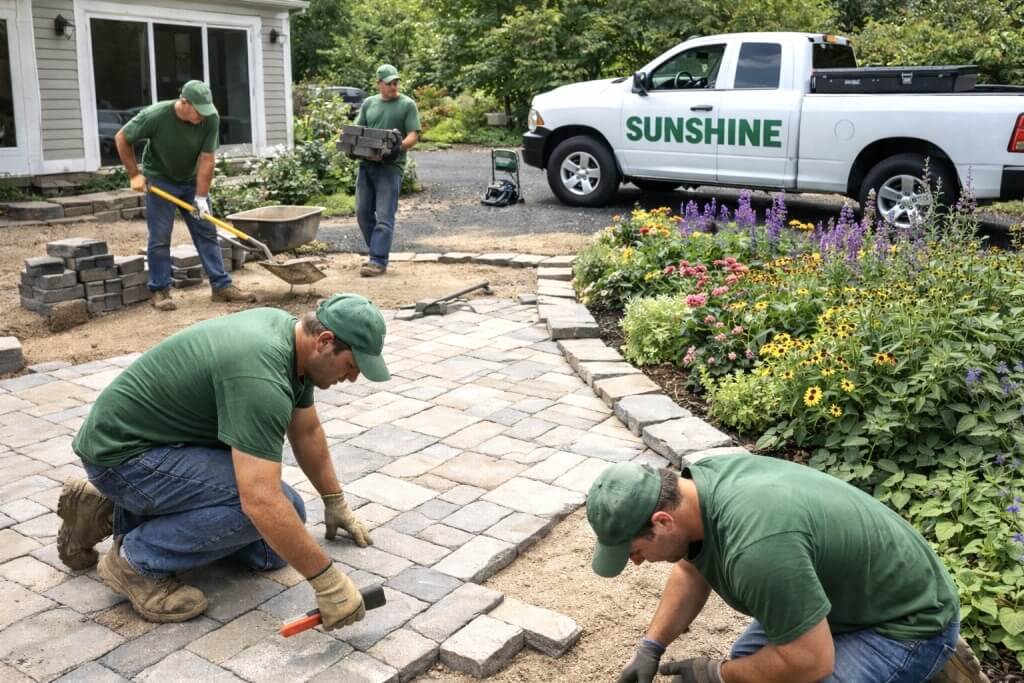 Stone pathway and retaining wall in a Winnipeg landscape