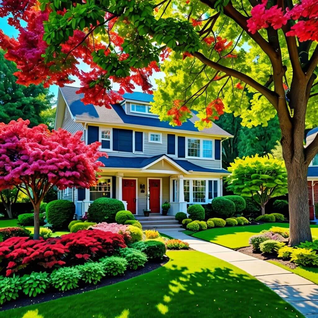 Mature trees incorporated into a landscaped Winnipeg residential yard